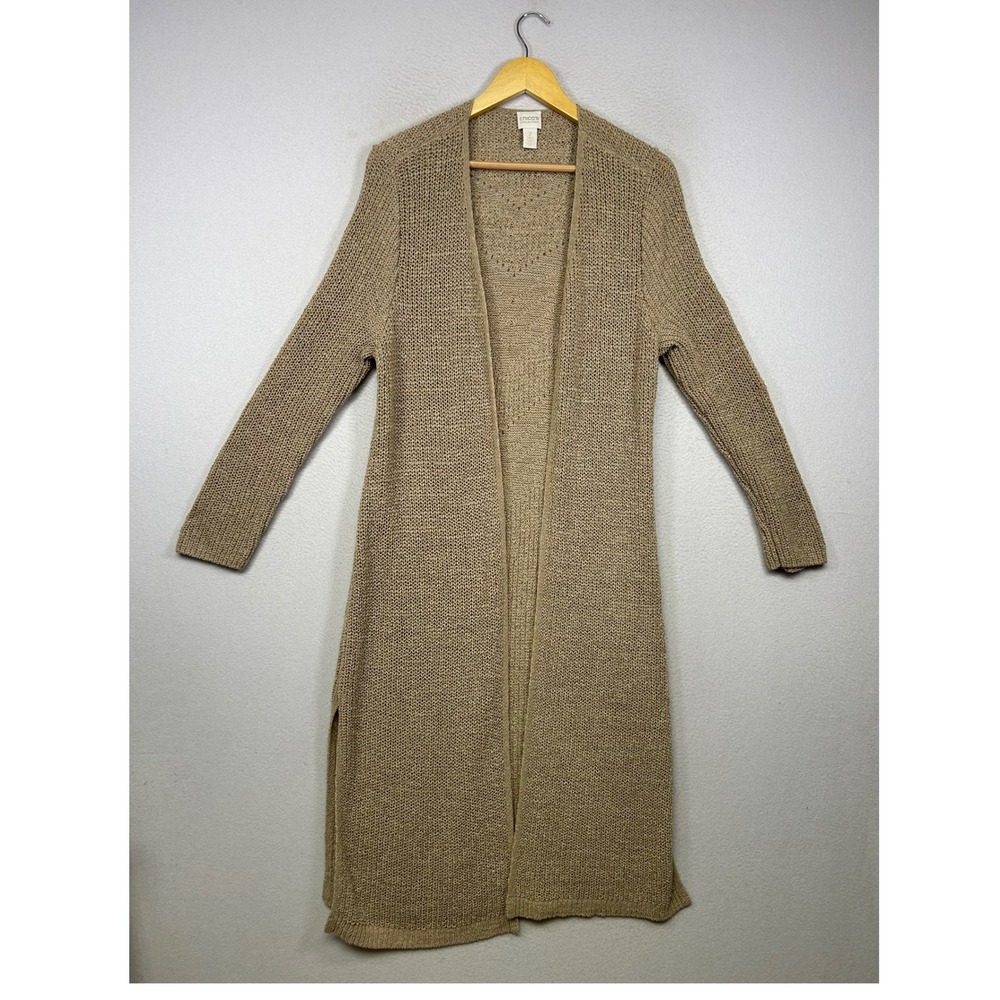 Boho Coastal Chico's Women Med Tan Open Front Pointelle Chevron Duster Cardigan